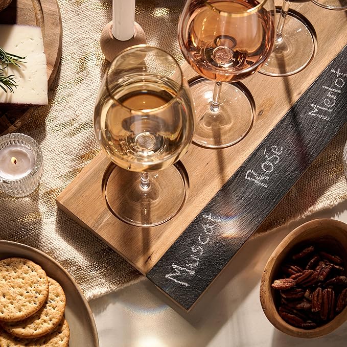 Twine Wine Flight Board with Slate Chalkboard & Acacia Wood Tray, Holds 4 Glasses, Includes Soapstone Chalk, Perfect for Wine Tasting Parties, Housewarming, Hosting Essentials