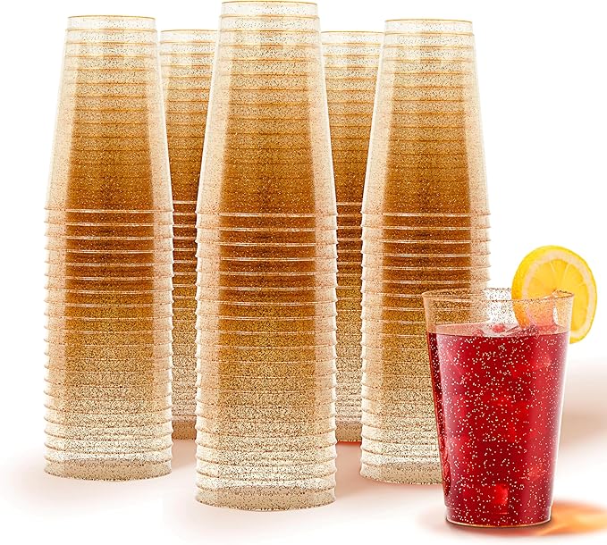 14oz Gold Glitter Plastic Cups (100 Pack), Elegant Party Cups for Birthday Parties, Weddings, and Holidays, Fancy Disposable Cocktail Glasses, Clear and Gold Cups, Bulk Wine and Mimosa Cups