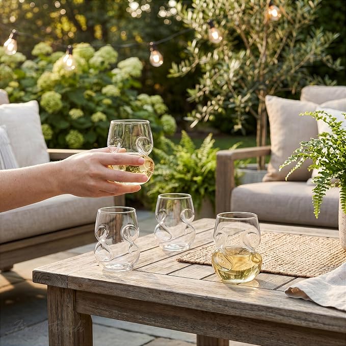 Final Touch Conundrum White Wine Glasses - Set of 4 Stemless Handcrafted Glasses - 9 oz Capacity - Sleek Curves for Comfortable Tasting - Dishwasher Safe (GG5008)