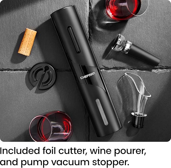 Chefman Electric Wine Opener Makes Opening Bottles Fast, Foolproof, And Fun! Black, Battery-Operated 4-Piece Corkscrew Set Comes With A Foil Cutter, Pourer, And Vacuum Stopper