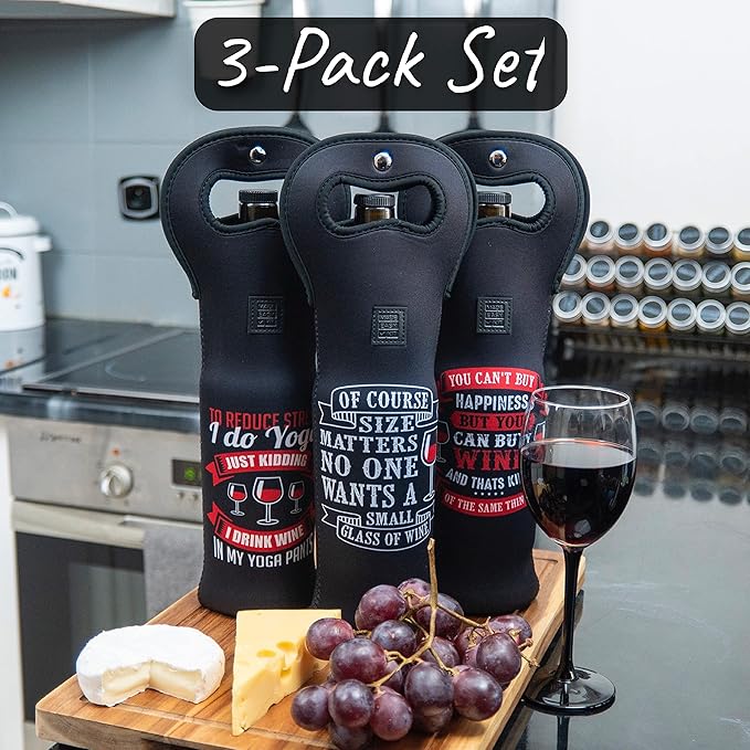 Made Easy Kit Insulated Wine Tote - Neoprene Carrier Bag with Magnetic Handle Clasp - Bottle Protective Travel Bag - Perfect for Gifting or Travel - Set of 3 (Funny Wine Lines Black)