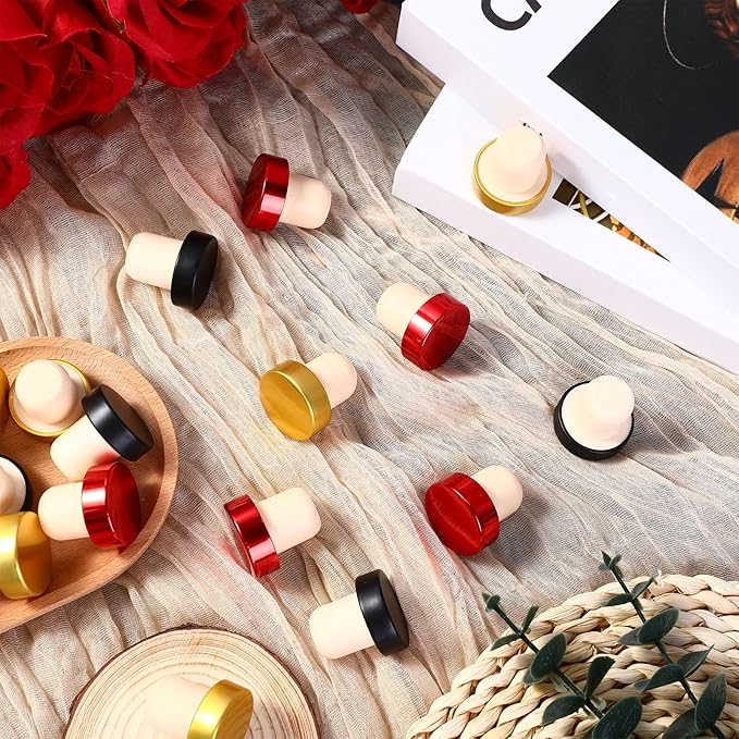 Yookeer T-shaped Stopper Cork Wine Bottle Stoppers Reusable Wine Sealing Plug for Beer Bottles DIY Craft(Black, Gold, Red,24 Pieces)