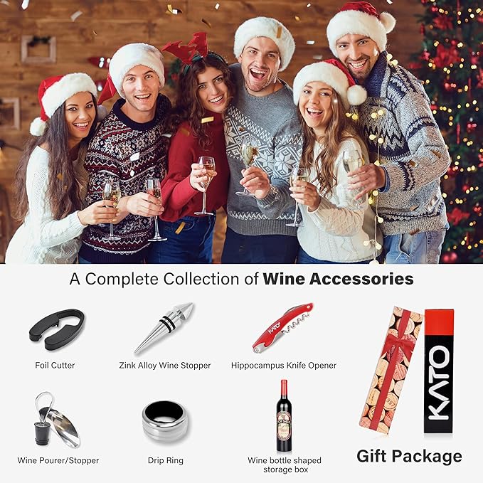 Wine Bottle Accessories Gift Set - Wine Opener Kit Corkscrew Screw Pull, Stopper, Aerator Pourer, Foil Cutter, Drip Ring with Drink Stickers by Kato, Great Valentine's Gifts, Red