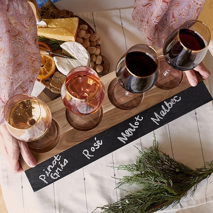 Twine Wine Flight Board with Slate Chalkboard & Acacia Wood Tray, Holds 4 Glasses, Includes Soapstone Chalk, Perfect for Wine Tasting Parties, Housewarming, Hosting Essentials