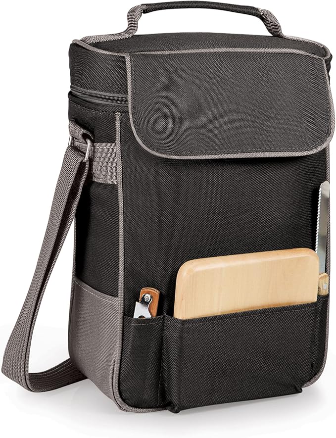 PICNIC TIME Duet Wine & Cheese Tote, Luxury 2 Bottle Insulated Wine Bag Set with Cheese Board, Knife, & Corkscrew, Adjustable Strap, and Pockets, Romantic Kit for Couples, (Black with Gray Accents)