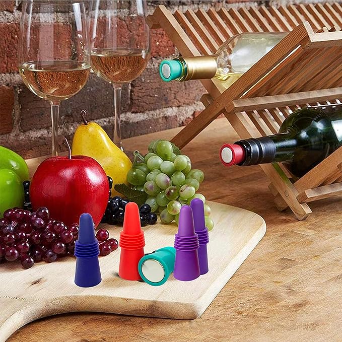 4 pcs Reusable Cork Novelty Wine Bottle Stoppers Silicone Rubber for Bottles of Opened Wine Cork to Keep the Wine Champagne Beer Fresh - Red, Dark Blue, Purple, Green