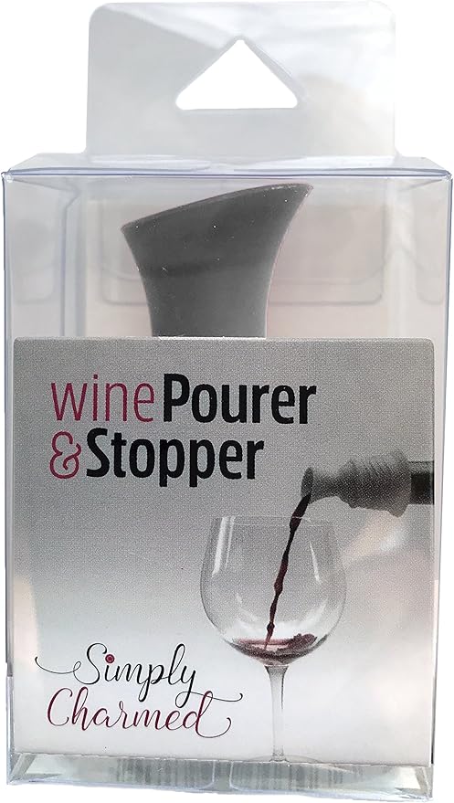 Simply Charmed Wine Stopper and Pourer – Gray Silicone Two in One Accessory to Serve and Save Wine More Easily