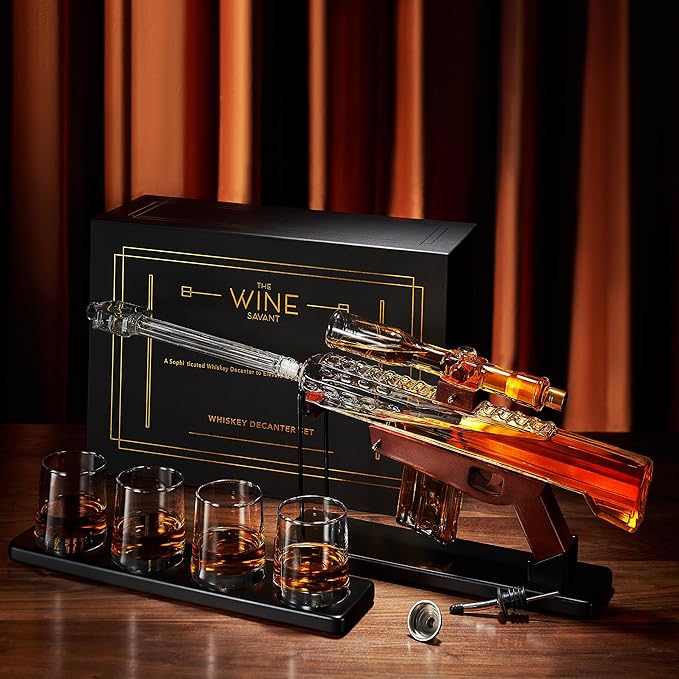 Large 18" Sniper Decanter, Gifts for Men Dad, Whiskey Decanter Set - Sniper Scope Glass Gun AR Limited Edition, Silencer Stopper - 22oz & 5oz Glasses - Birthday Gift - Drinking Party, Liquor, Vodka