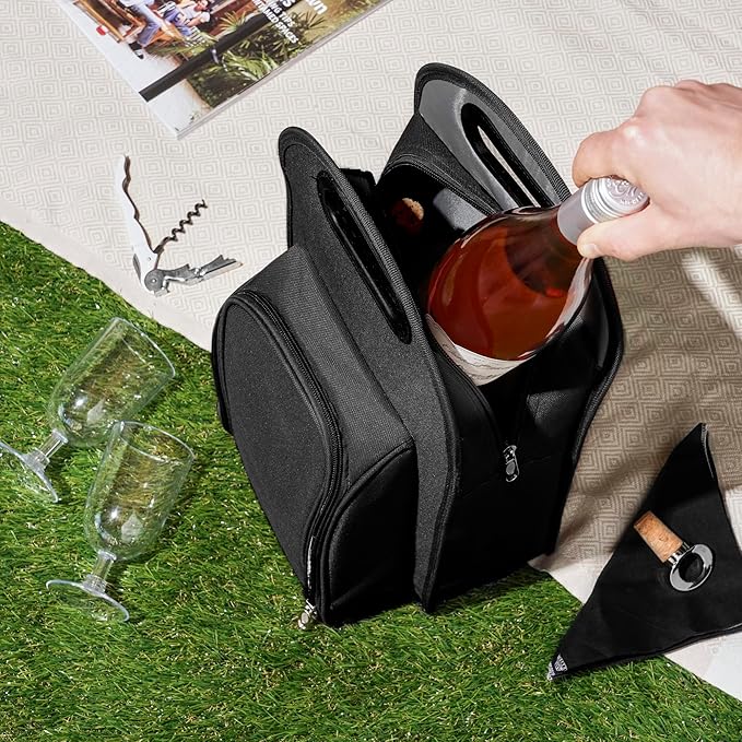 True Metro Insulated Wine Tote with Pockets, Wine Bottle Carrier and Picnic accessory set, wine glasses set of 2, Napkins, Corkscrew, and Bottle stopper, Black, Set of 1