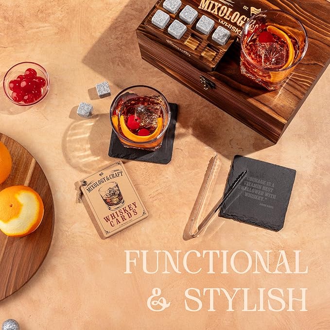 Mixology & Craft Whiskey Stones Gift Set – Includes Two 10oz Crystal Whiskey Glasses, 8 Granite Chilling Rocks, Slate Coasters, Metal Tongs, Cocktail Recipe Cards, Elegant Wooden Storage Box