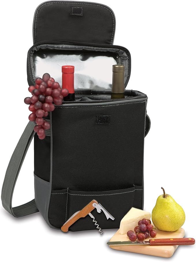 PICNIC TIME Duet Wine & Cheese Tote, Luxury 2 Bottle Insulated Wine Bag Set with Cheese Board, Knife, & Corkscrew, Adjustable Strap, and Pockets, Romantic Kit for Couples, (Black with Gray Accents)
