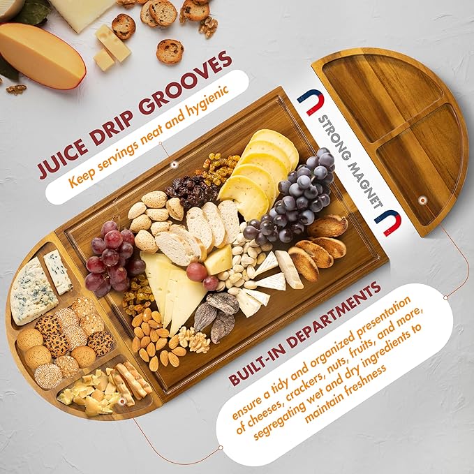 Extra Large Charcuterie Boards, 30'' x 13'' Acacia Cheese Board 3 Part Magnetic Long & Round Boards with Knive Set, Wine Opener & Cheese Marker, Unique Serving Tray for Birthday, Wedding Gift
