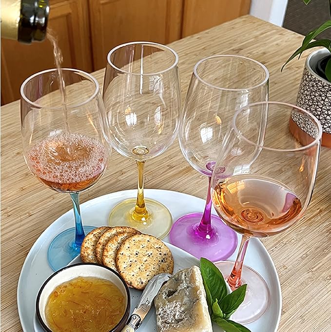 Lily's Home Unbreakable Stemmed White Wine Glasses, Made of Non Breakable Shatterproof Plastic, Indoor and Outdoor Drinkware, Reusable and Dishwasher-Safe, 13 oz. Each, Set of 4 (Multi Color Stem)