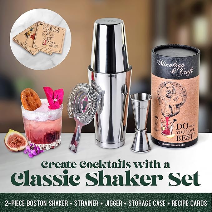 Mixology & Craft Boston Shaker Set with Weighted Martini Shakers | Cocktail Shaker Set Includes Strainer and Japanese Jigger | Great Gift Bar Set with Exclusive Recipe Cards | Leak-Proof (Silver)