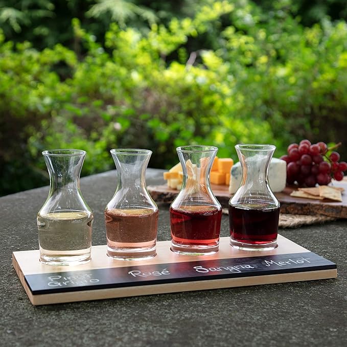 D'Eco Wine Tasting Flight Sampler Boards (2 Pack)- Set Includes Eight 6 oz Decanter Glasses & 2 Wood Paddles w Chalkboards- Great for Charcuterie Boards, Wine Tastings & Brunch - Wedding Gift