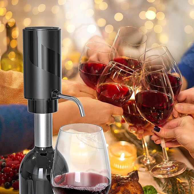 4-in-1 Electric Wine Opener Set – USB Rechargeable with Wine Decanter, Wine Aerator,Pourer, Wine Stopper and Foil Cutter. Gift set for Weddings, Parties, and Home Use, Portable size, Black