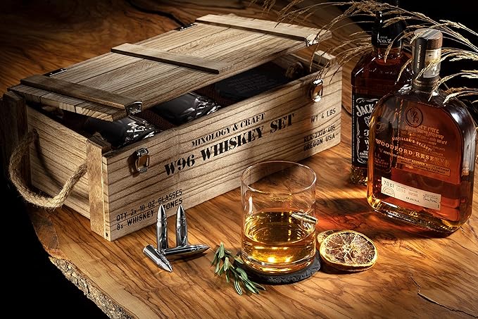Mixology & Craft Whiskey Stones Set with Glasses & Steel Bullets, Gift for Men
