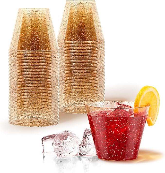 Stock Your Home 9oz Gold Glitter Plastic (50 Pack), Elegant Party Glasses for Birthdays, Weddings and Holidays, Fancy Disposable Cocktail, Clear and Gold, Bulk Wine and Mimosa