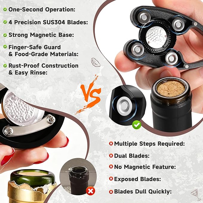 Wine Foil Cutter Magnetic Wine Bottle Foil Cutter Tool,Stainless Steel Blade Easily Removes Aluminum Foil Wine Bottle Opener,Black 2Pcs