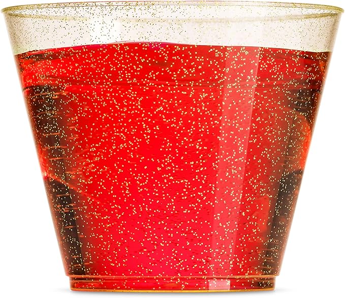 100 Glitter Plastic Cups - 9 Oz Clear Plastic Cups Old Fashioned Tumblers -Gold Glitter Cups Disposable Wedding Cups Party Cups
