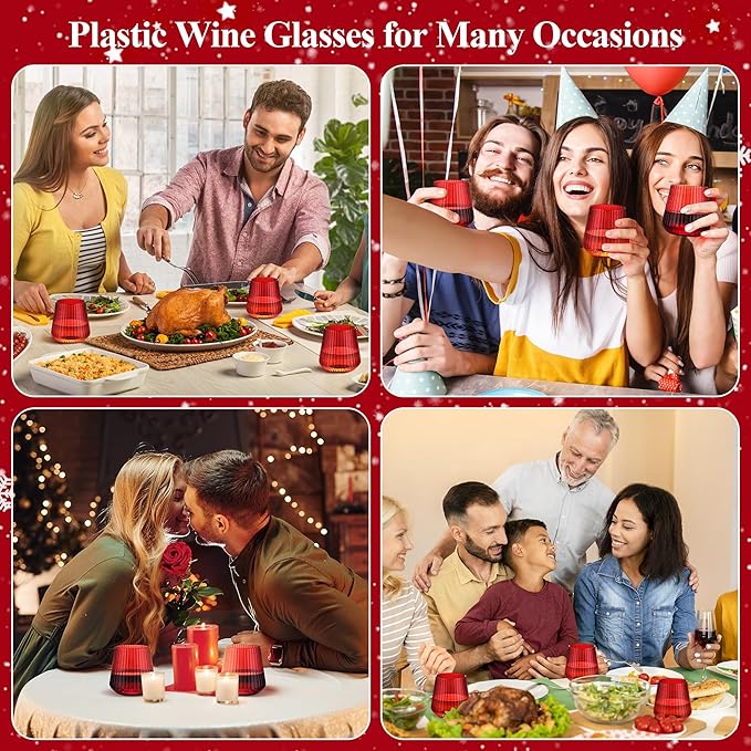 24 Pack Red Plastic Wine Cups for Party, 14oz Disposable Stemless Ribbed Wine Glasses for Christmas, Unbreakable Outdoor Cocktail Glasses, Heavy Duty Reusable Plastic Drinking Cup for Mimosa Bar