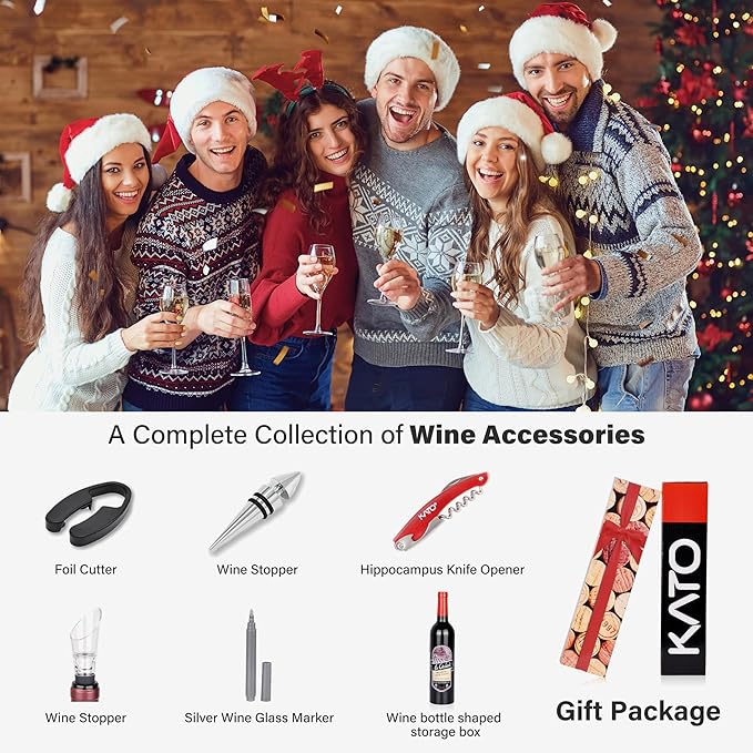 Wine Opener Accessories Gift Set - 5 Pcs Wine Bottle Corkscrew Screw pull Kit by Kato, Great Valentine's Gifts, Red
