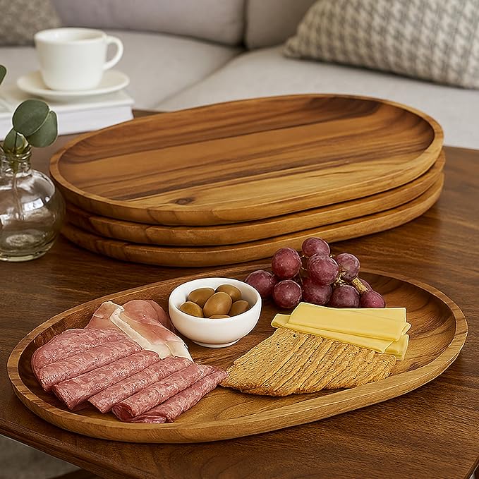 Woodard & Charles Acaica Wood Large Oval Serving Tray, Set of 4, 10" W x 15" L