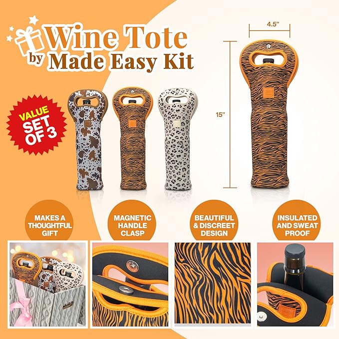 Made Easy Kit Insulated Wine Tote - Neoprene Wine Carrier Bag with Magnetic Handle Clasp - Wine Bottle Protective Travel Bag - Perfect for Gifting Travel or Gift Bag - Set of 3 (Animal Prints)