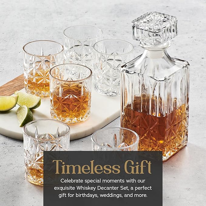 Style Setter Whiskey Decanter Set with Glasses - Prestigious Whiskey Set with 25oz Liquor Decanter and 6 Glasses - Upscale Whisky Decanter & Glass Set - Birthday Gifts Fathers Day