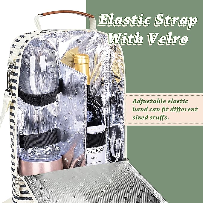 Tirrinia Insulated 2 Bottle Wine Gift Tote Bag - Wine Tumbler Glass Cooler Carrier for BYOB Restaurants, Wine Tasting, Travel, Park, Beach, Great Wine Lover Gift, Blue Stripe