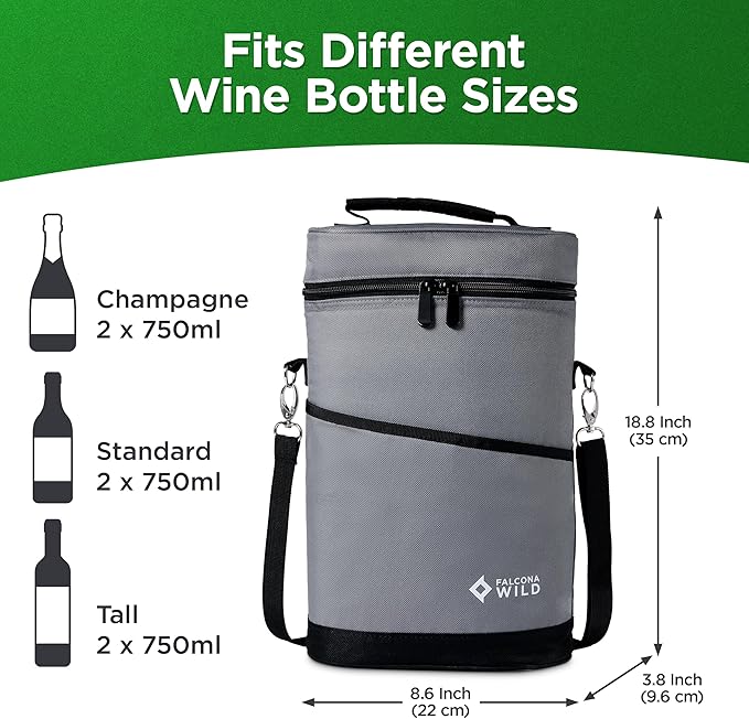 Falcona Wild Wine Cooler Bag Plus Two Cooler Sleeves – Holds 2 Bottles – Keeps Drinks Cold for Hours – Fits Standard, Tall and Champagne Bottles – Portable Insulated Wine Tote Carrier Bags For Travel
