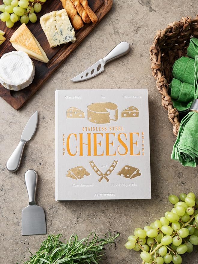 PrintWorks The Essentials Cheese Tools Kit - 3-Piece Stainless Steel Knife Set - Pronged, Chisel & Heart Knives - For Charcuterie Boards - Dishwasher Safe