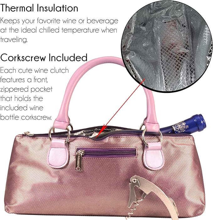 Primeware Wine Clutch Bag (Thermal Insulated) Trendy Women’s Carry Tote | Holds Red & White 750mL Bottles | Trendy Fashion | Incl. Portable Waiter-Style Corkscrew