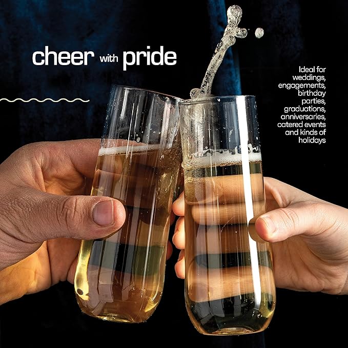 DECADORN Clear Stemless Champagne Flutes Plastic 24 Pack, Made in USA, 9oz Plastic Champagne Glasses - Durable and Sturdy Mimosa Glasses For Parties - Shatterproof, Recyclable, BPA-Free, Smooth Rims