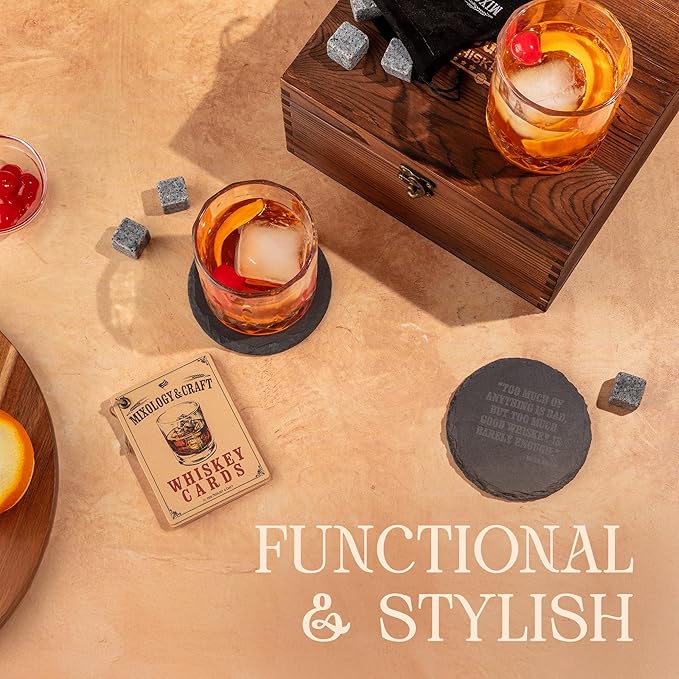 Mixology & Craft Whiskey Stones Gift Set: with Two 10oz Lead-Free Crystal Whiskey Glasses, 8 Whiskey Stones with Velvet Bag, 2 Slate Coasters & Recipe Cards in Wooden Crate | Great