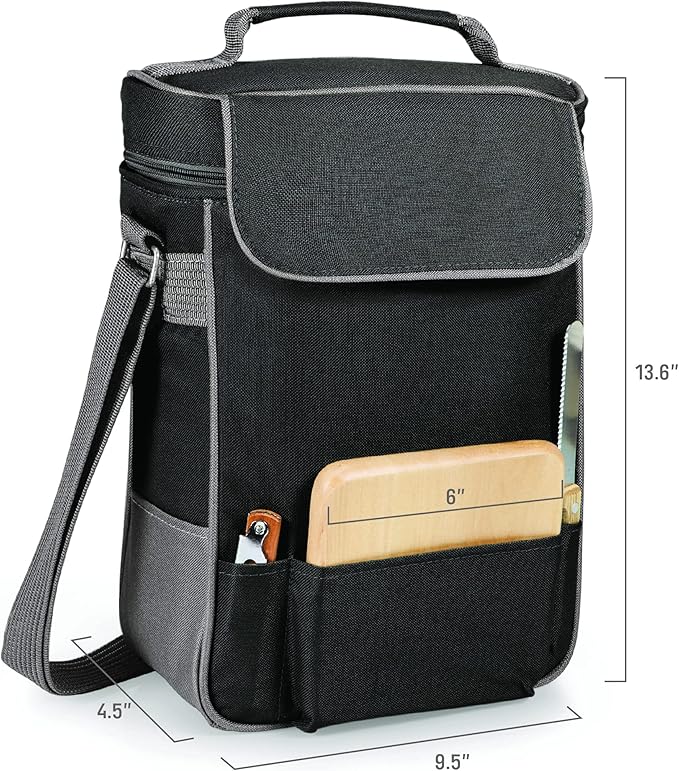 PICNIC TIME Duet Wine & Cheese Tote, Luxury 2 Bottle Insulated Wine Bag Set with Cheese Board, Knife, & Corkscrew, Adjustable Strap, and Pockets, Romantic Kit for Couples, (Black with Gray Accents)