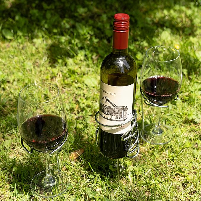 TRUE Picnic Stix Wine Glass & Bottle Holders, Chrome Outdoor Drink Dolder Stakes, Outdoor Cup Holder, Yard Cups, Set of 3, Fits 2 Glasses and 1 Bottle