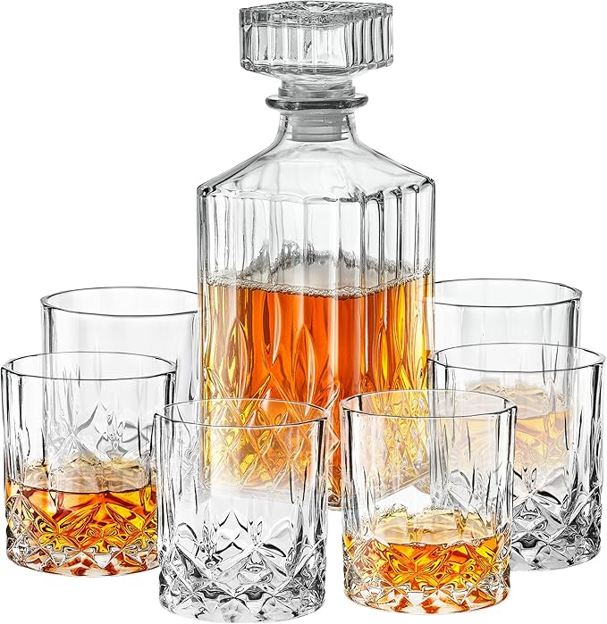 Style Setter Whiskey Decanter Set with Glasses - Prestigious Whiskey Set with 25oz Liquor Decanter and 6 Glasses - Upscale Whisky Decanter & Glass Set - Birthday Gifts Fathers Day