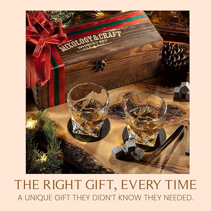 Mixology & Craft Whiskey Stones Gift Set - 12 Pieces (6 Granite Chilling Rocks, 2 10oz Old Fashioned Glasses, Coasters & Velvet Bag) In Wooden Box - Whiskey Gifts For Men, Whiskey Lover, Whiskey Set