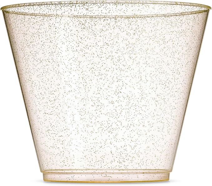 100 Glitter Plastic Cups - 9 Oz Clear Plastic Cups Old Fashioned Tumblers -Gold Glitter Cups Disposable Wedding Cups Party Cups
