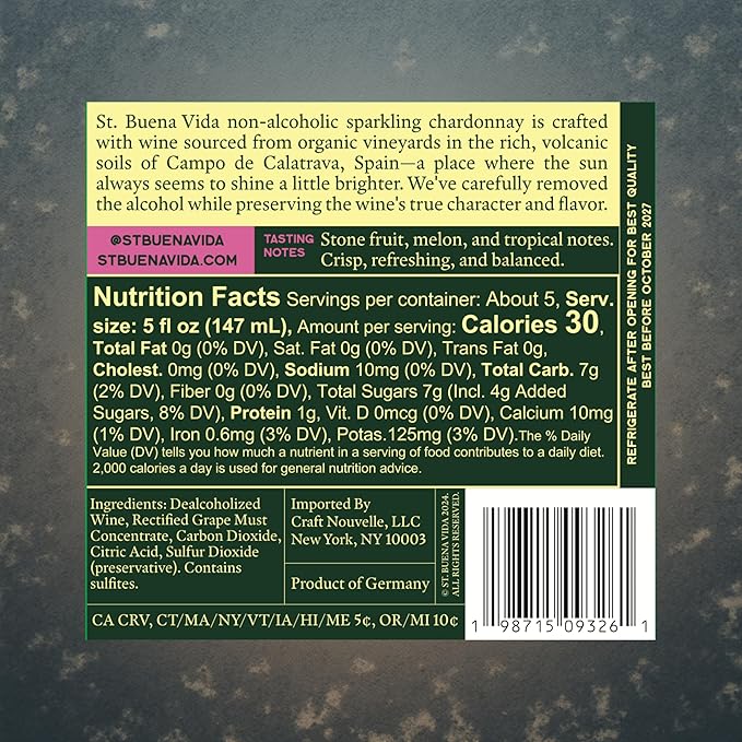 St. Buena Vida Non-Alcoholic Sparkling Wine, Alcohol-Removed, Organic Spanish Grapes, Champagne-Style Sparkling, 750ml Bottle (Pack of 3)