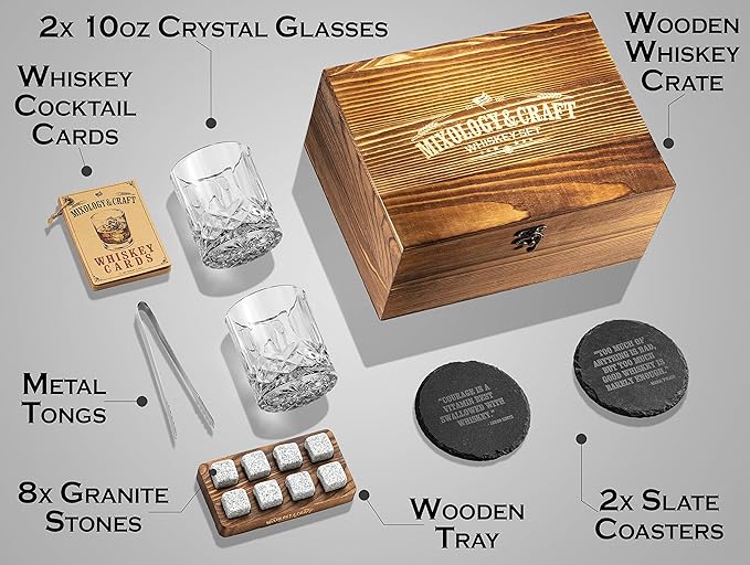 Mixology & Craft Whiskey Glasses Gift Set for Men - Pack of 2 Diamond Cut Glasses w/ 8 Granite Chilling Stones, 2 Coasters, Tongs & Cocktail Recipe Book in Wooden Crate