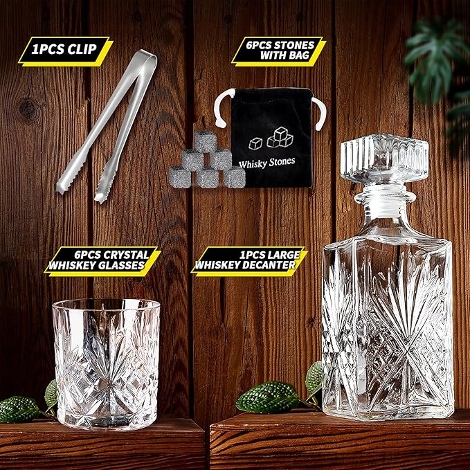 Whiskey Decanter Set for Men with 6 Whiskey Glasses, Clear Decanter Whisky Set Premium Whiskey Decanter Glass Liquor Decanter Set for Whiskey, Bourbon