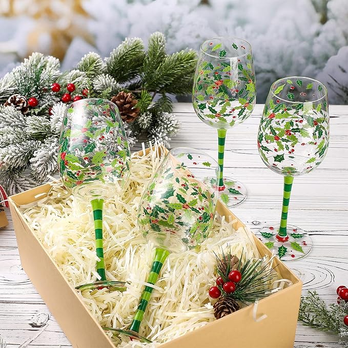 SiliFine 4 Pcs Christmas Holly Berry Party Stemmed Wine Glasses Hand Painted Drinking Cup Wine Glasses Gifts for Birthday Theme Holiday Party Supplies