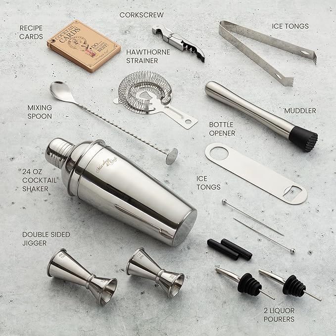 Mixology & Craft All-in-One Stainless Steel Cocktail Shaker Kit with 24 oz Cobbler Shaker, Includes Strainer, Muddler, Spoon, Jiggers, Pourers, Picks, Tongs, Bottle Opener - Gift-Ready Package Tube