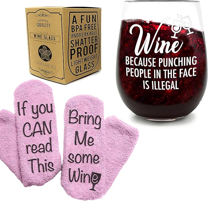 FUNNY WINE GLASSES + WINE SOCKS -16 oz Unbreakable Stemless Wine Glass With Sayings & Fuzzy Girl Socks “If You Can Read This, Bring Me Some Wine"