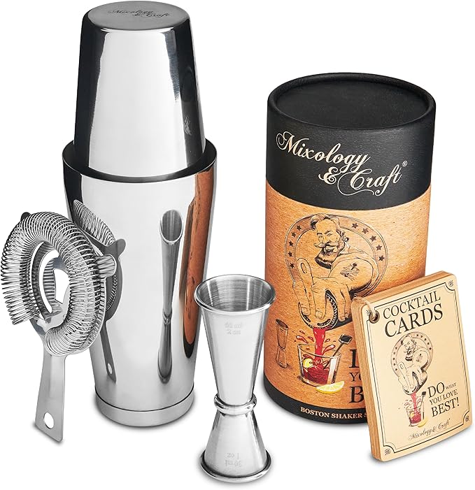 Mixology & Craft Boston Shaker Set with Weighted Martini Shakers | Cocktail Shaker Set Includes Strainer and Japanese Jigger | Great Gift Bar Set with Exclusive Recipe Cards | Leak-Proof (Silver)