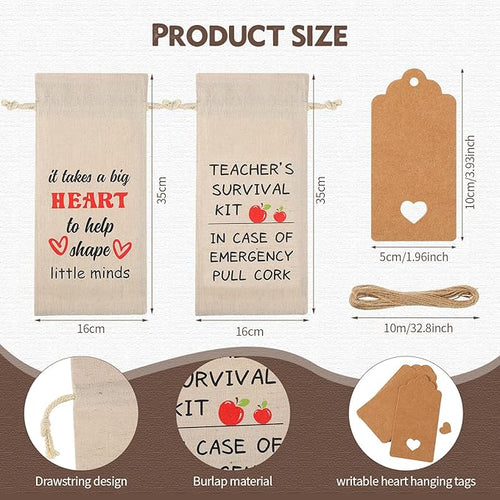 6 Pieces Teacher Appreciation Gift Wine Bags for Women Men, Burlap Wine Bottle Bags with Drawstrings and Tags End of Year Graduation Thank You Gifts for Teacher