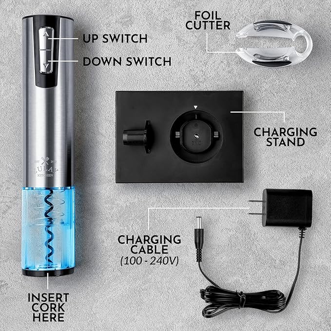 Zulay Kitchen Electric Wine Opener with Charging Base & Foil Cutter - Rechargeable Automatic Corkscrew Wine Bottle Opener for Natural & Synthetic Corks - Stainless Steel Silver