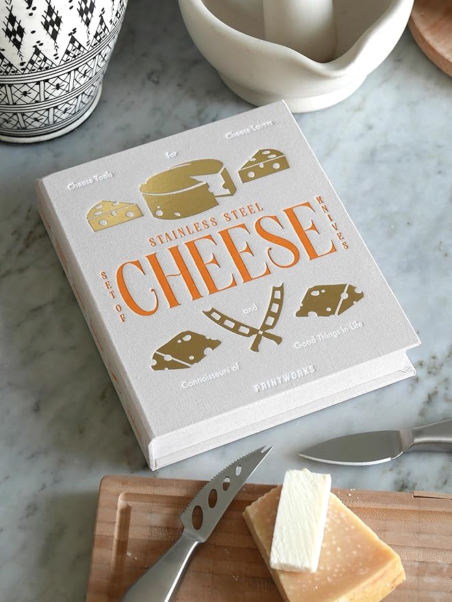PrintWorks The Essentials Cheese Tools Kit - 3-Piece Stainless Steel Knife Set - Pronged, Chisel & Heart Knives - For Charcuterie Boards - Dishwasher Safe